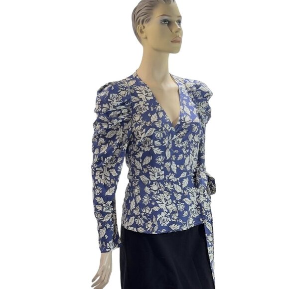 ASTR The LABEL Top Polyester Royal Blue Floral Attached Side Tie Wrap Puffed Gat - Picture 3 of 16